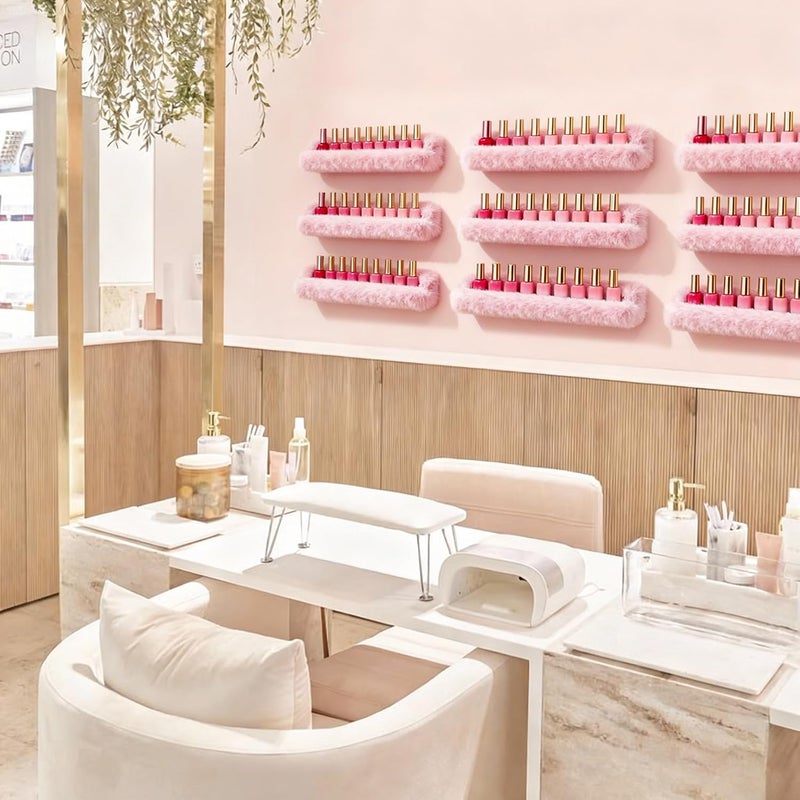 YMVV Nail Polish Wall Shelf - 15-Inch Furry Plush Display & Organizer Rack, Holds 60+ Polishes, Soft Ledge for Bedroom, Bathroom, Salon - Protects Bottles from Scratches，6 Pack Pink - Image 5